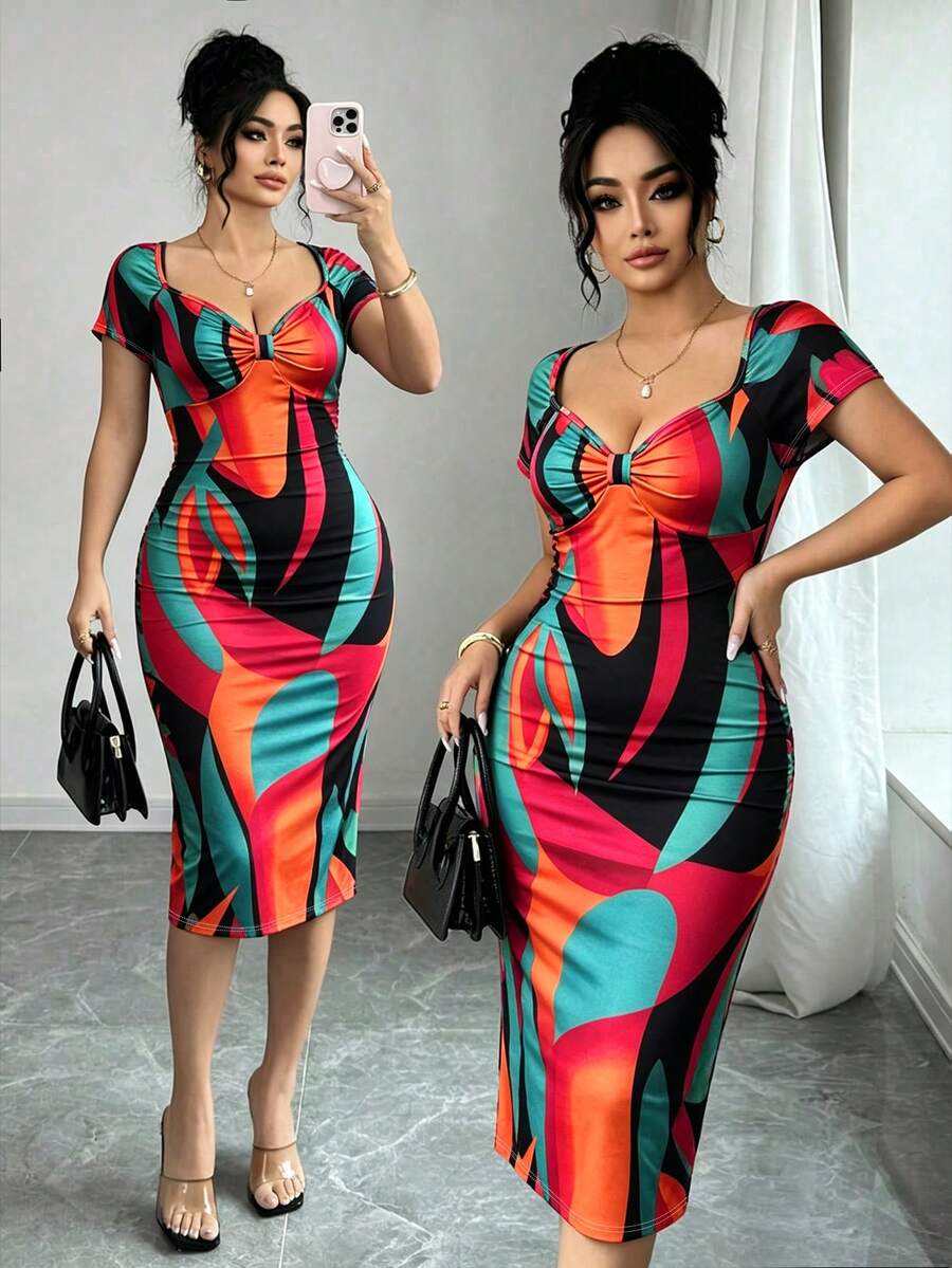 SHEIN Clasi Plus Size Women's Sweetheart Neckline All-Over Print Short Sleeve Fitted Elegant Sexy Dress, Suitable For Casual Party Cocktail Date Night Summer Red - Multicolor - View 1