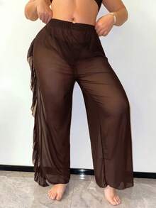Slaydiva Plus Size Sheer Ruffle Trim Cover-Up Top And Pants - Coffee Brown - View 5