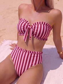 Swim Mod Spring/Summer Beach Casual Vacation Striped Print Bikini 2 Pieces Set - Multicolor - View 4