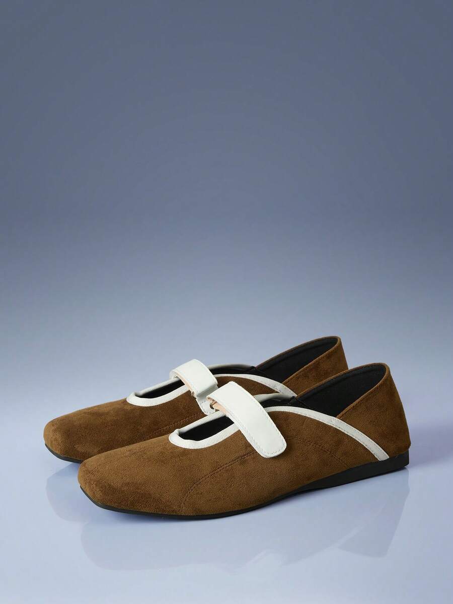 CUCCOO GRLICON Sepatu Mary Jane Cokelat Bergaya Retro Prancis, Sepatu Balet Warna Kontras yang Unik - Coklat - View 1