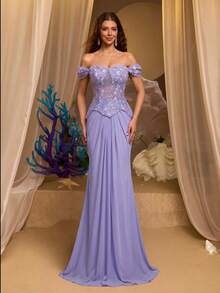 Glamrae Romantic 3D Lace Off-Shoulder Sheer Fishbone Boning Skirt With Novel Sculptural Mermaid Tail Train, Suitable For Dates, Vacations, Bachelorette Parties, Weddings, Back To School, All Formal Occasions, Women's Evening Gown - Purple - View 6