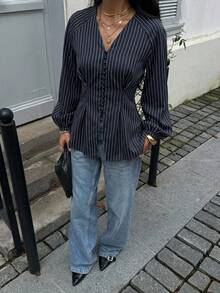 Siren Gaze Women's Navy Striped V-Neck Button-Front Shirt With A Fitted Waist And Lantern Sleeves-A Slimming Top Ideal For The Workplace - Navy Blue - View 6
