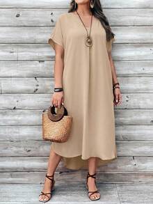 EMERY ROSE Plus Size Women Casual Solid Color Short Front Long Back Dress - Khaki - View 3