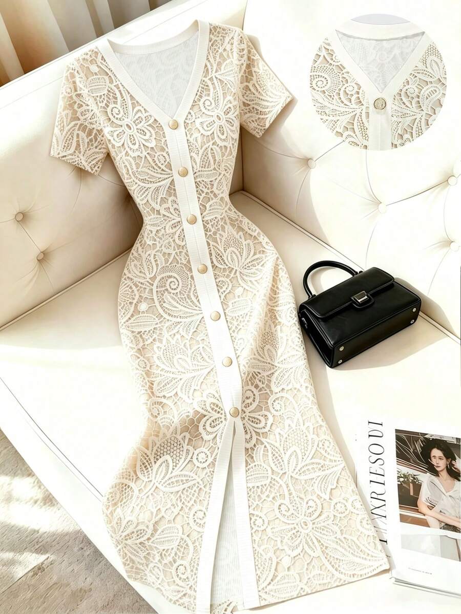 Franclia 夏季優雅仿蕾絲印花洋裝 - 彩色 - 查看 1