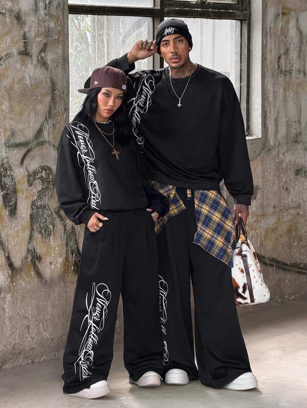 Coolane Women's & Men's Fall Streetwear Casual Vintage Y2k Sportswear Daily Wear Graphics Black Loose Sweatshirt And Baggy Low Rise Wide Leg Sweatpants 2pcs