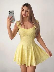Sweetina 女款甜美度假風提花百褶洋裝，適合約會穿著 - 黃色 - 查看 7