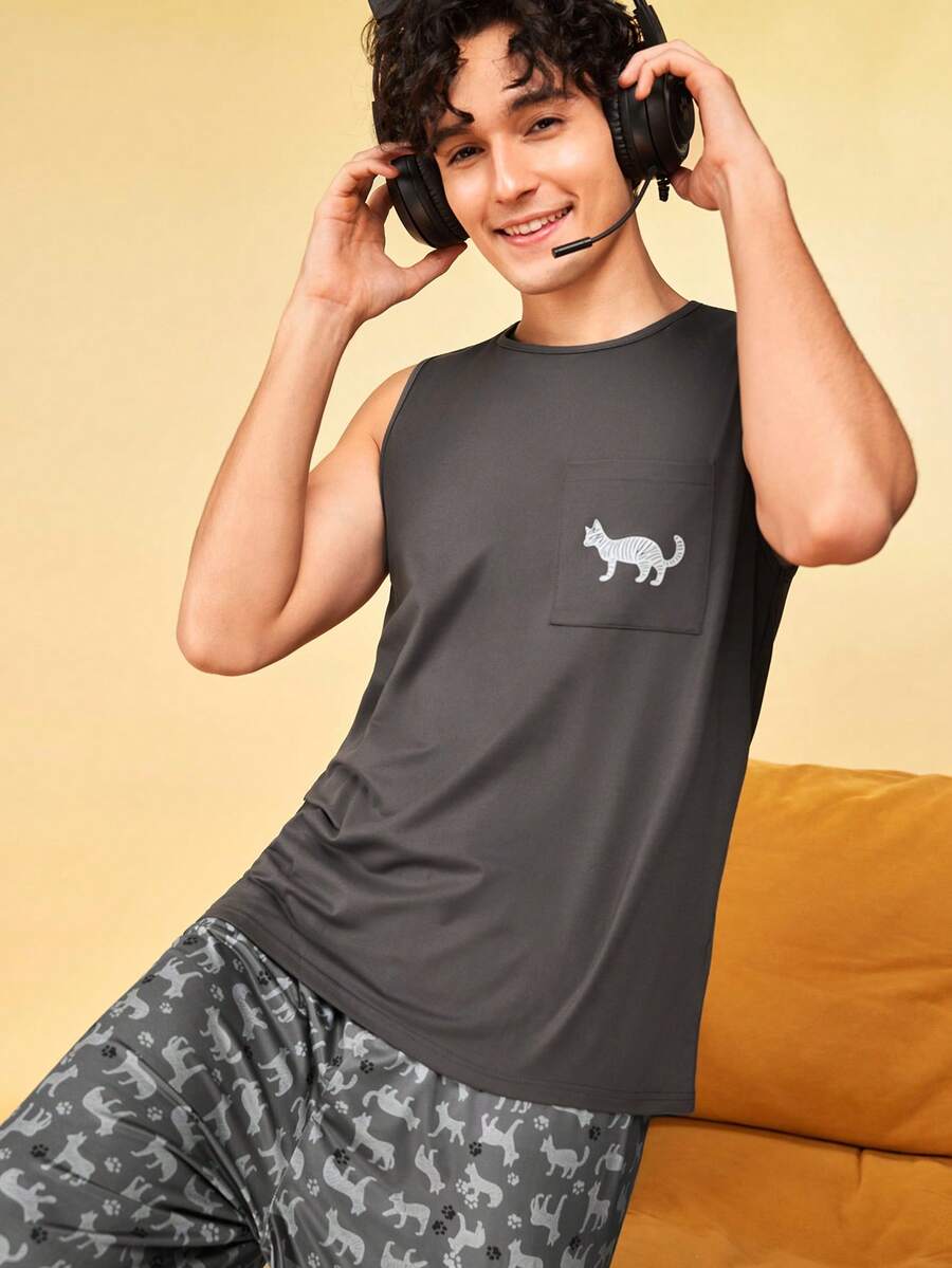 Notgurli 2pcs/Set Tank Top Kasual Minimalis, Pakaian Rumahan Tanpa Lengan Tipis dan Nyaman untuk Pria - Dark Grey - View 1