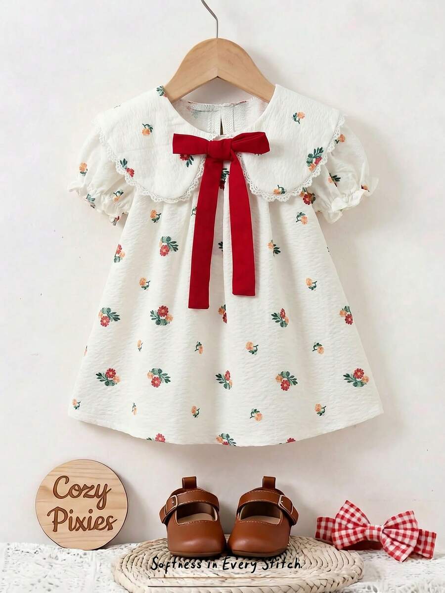 Cozy Pixies 女嬰幼兒女童編織對比色彼得潘領拼接格紋花瓣袖休閒可愛洋裝 - 彩色 - 查看 1