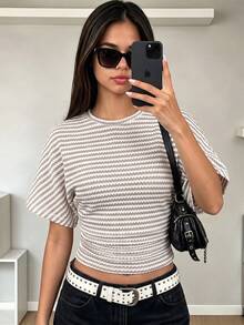 SHEIN Kids Teen Girl Teen Girl Blanc Batwing Sleeve Waist Cinched Ruched Round Neck Short Sixth Form Summer Casual - Khaki - View 8