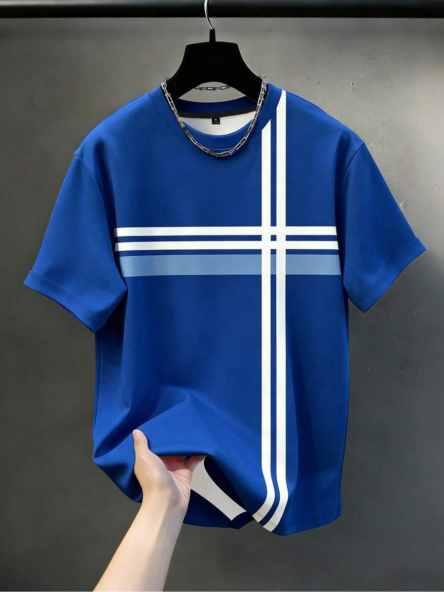 Manfinity Joysei Duck Pattern Print Design On Abdominal Muscles, Men's Fashionable Summer Casual Sportswear, Men's Top - Blue and White - View 1