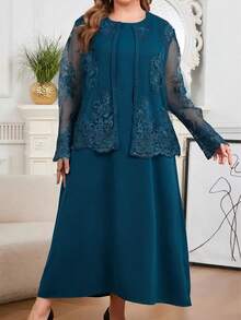 Modelyn 大尺碼女款花卉刺繡網紗長袖開襟上衣與洋裝優雅兩件套 - 藍色 - 查看 5
