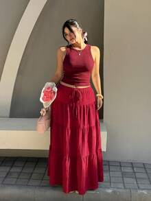 SHEIN EZwear 勃艮第酒红色休闲背心和裙子两件套，加大码，夏季 - 酒紅色 - 查看 3