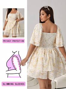 Solflare Mono elegante de mujer talla grande con cuello cuadrado, estampado floral, mangas raglán cortas y bajo con volantes - Multicolor - Ver 2