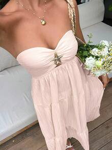 Sunnyshic Robe jaune sans bretelles pour femmes, tenue de plage, robe de plage, robe décontractée, style de vacances au bord de mer , tenue de vacances, robe d'été romantique et élégante, printemps/été - Rose bonbon - Voir 3
