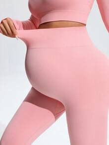SHEIN Maternity Solid Color Long Sleeve Top And Elastic Long Pants Set Fall - Pink - View 8
