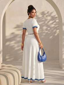 Structelle Women's Casual Elegant Colorblock Trim Button Decor Short Sleeve T-Shirt Skirt 2-Piece Set Brunch Vacation White And Blue Summer - White - View 2