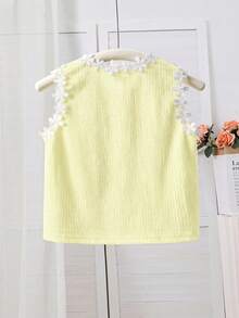 SHEIN Young Girl Knitted Solid Color Patchwork Contrast Color Floral Ribbon Casual Vest - Yellow - View 3