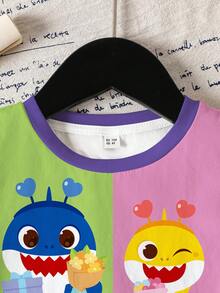 BABY SHARK X SHEIN Young Girl Cartoon Print Round Neck Short Sleeve Casual Versatile T-Shirt - White - View 5
