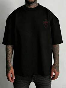 Manfinity EMRG 男士字母刺繡時尚街頭風圓領短袖T恤 - 黑色 - 查看 4