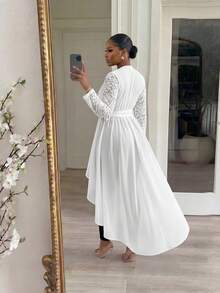 SHEIN Lady CURVE 大尺碼優雅純色蕾絲拼接不對稱下擺襯衫 - 白色 - 查看 3