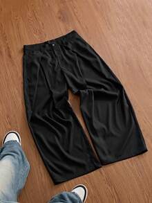 SWAVVY Men's Letter Embroidered Pocket Loose Curved Leg Pants - Black - View 4