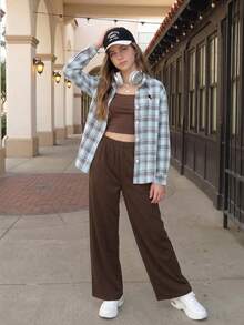 SHEIN Teen Girls 3pcs/Set Daily Commute Gentle Fresh Elegant Spring, Loose, Vacation, Back To School, Knit, Vintage, Autumn, Brown - Brown - View 6