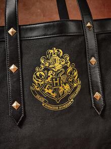 HARRY POTTER X SHEIN 1件巫師學校徽章主題大容量托特包，聚酯纖維與PU皮革拼接休閒單肩包，適合角色扮演、日常使用與旅行，魔法迷與學生的完美禮物 - 彩色 - 查看 14