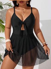 SHEIN Swim Curve 大尺碼女款純色抓皺細肩帶連身泳衣，適合海灘度假、泳池派對、海灘派對 - 黑色 - 查看 1