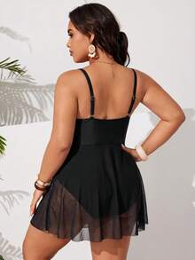 SHEIN Swim Curve 大尺碼女款純色抓皺細肩帶連身泳衣，適合海灘度假、泳池派對、海灘派對 - 黑色 - 查看 2