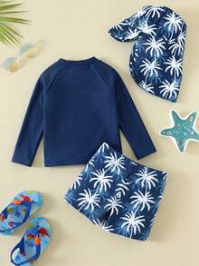 SHEIN Bubblio Unisex Baby 3pcs/Set Blue Cute Coconut Tree Pattern Long Sleeve Rash Guard Swimsuit And Sun Protection Hat Set, Swimwear For Beach, Swimming, Vacation - Navy Blue - View 2