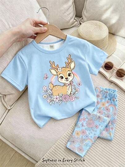 Baby Girl Casual Minimalist Cartoon Pattern Round Neck Loose Short Sleeve T-Shirt & Leggings Set, Suitable For Spring And Summer