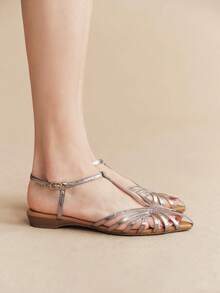 Rosivie Women's Summer Hollowed-Out T-Strap Sandals, Flash Silver Burst Design, Vacation Beach Commuting Versatile - Gun silver - View 3