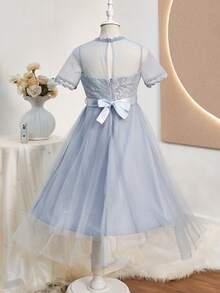 Wedding Season Girls Elegant Lace Contrast Mesh Embroidered Ruffle Sleeve Cinched Waist Layered Ruffle Hem Asymmetrical Mid-Length Dress For Ball, Performance, Birthday Party, Banquet, All Seasons - Blue - View 2