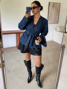 Dazy Plus Commuter Office Summer Cotton Blue Tie-Front Cross Neck Long Sleeve Spring Summer Autumn Blogger Casual Plus Size Women's Denim Top - Dark Wash - View 2