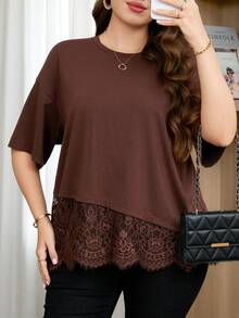SHEIN Clasi Plus Size Women's Round Neck Lace Patchwork Casual Versatile Daily Wear T-Shirt - Brown - View 7