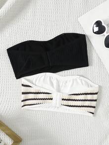 SHEIN Tween女孩簡約純色條紋舒適親膚內墊抹胸內衣，2件組 - 彩色 - 查看 2