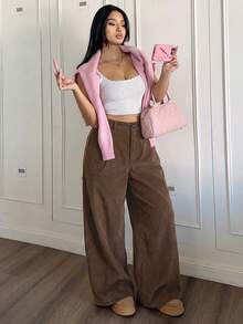 SHEIN PETITE CURVE 大尺碼純色休閒極簡寬鬆舒適長褲 - 咖啡棕 - 查看 5
