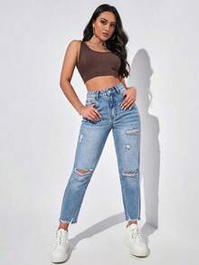 SHEIN EZwear 女款夏季高腰破洞媽媽版牛仔褲 - 中等水洗藍 - 查看 3