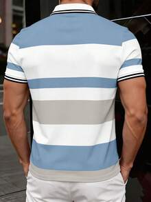 Manfinity Dauomo Summer Casual Polo Shirt For Men, Standard Size, Multi-Color Striped Print, Blue Series, Pony Print, Casual Business Style, Daily Wear, Office Wear - Multicolor - View 2