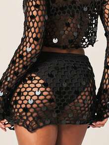 MISSGUIDED Crochet Mini Skirt Cover-Up With Sequin Disc Embellishments And Sheer Open Knit Design For Beach Summer - Black - View 4