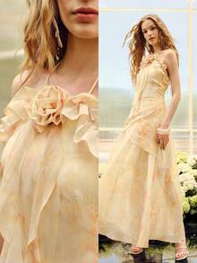 MOTF PREMIUM Vestido feminino de chiffon com estampa floral tie-dye, decote nas costas e amarração frontal. - Luz amarela - Ver 7