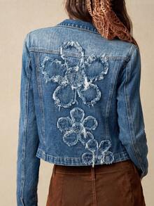 Bohemela Casual 70s Retro Streetwear 90s Solid Color Woven Denim Fitted Women's Jacket Everyday Going Out Birthday Blue Autumn - Blue - View 9