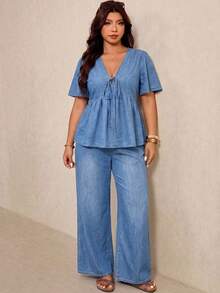 Elaquor Plus Size Women's Front Tie Short Sleeve Top And Pants Casual Denim Two Pieces Set - White - View 9