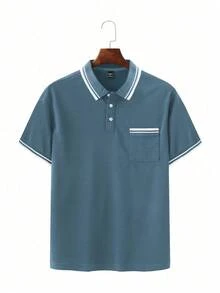 Calvornis 男士條紋短袖休閒口袋 Polo 衫 - 水鴨藍 - 查看 3