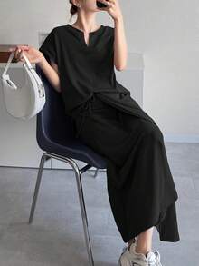 DAZY Women's Solid Color Minimalist Casual Basic Notch V-Neck Top And Tie-Up Maxi Skirt 2 Pieces Set Summer Lounge Sets Brunch Black - Black - View 2