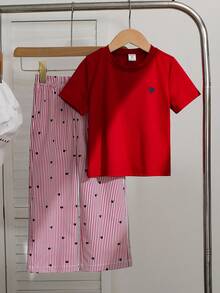 Girls 2-Piece Set, Basic Casual Slouchy Solid Color Outfit, Heart Print, Side Patchwork Design, Round Neck Short Sleeve T-Shirt, Paired With Heart Pattern Red Striped Textured Fabric Straight Leg Pants Set, Suitable For Daily/Outing Occasions, Spring Summer/All Season Style, Children's Daily Comfortable Summer Outfit, Girls Wear - Red - View 4