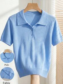 SHEIN 100% Cotton Women's Blue Knittop With Polo Neck And Button Detail - Baby Blue - View 9