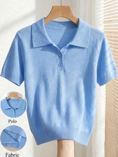 SHEIN 100% Cotton Women's Blue Knittop With Polo Neck And Button Detail