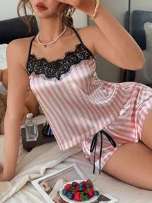 Napfluff Women's Loose Comfortable Cute Striped Contrast Lace Camisole Top And Cute Striped Pajama Bottoms 2 Pieces Set - Pink - View 6