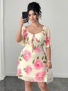 Elenzga Women's French Elegant Casual Vacation Commute, Women's Floral Print Front Tie Ruched Sleeve Square Neck Short Elegant Mini Dress, Women's Commute Outfit, Women's Wedding Guest Dress, Women's Dress, Summer Women's Dress, Summer Outfit, Beach Outfit, Beach Dress, Outing Dress, Women's Vacation Outfit, Vacation Dress, Women's Casual Dress, Women's Elegant Dress, Floral Print Front Tie Ruched Sleeve Short Elegant Mini Dress - Multicolor - View 5